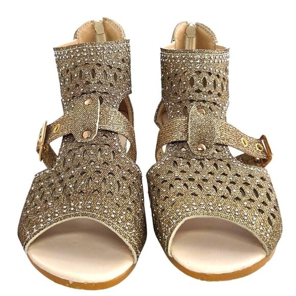 Zapatos De Mujer Gold Glitter Rhinestone Peep Toe Buckle Flat Wedge Sandals US 9 - Picture 7 of 9